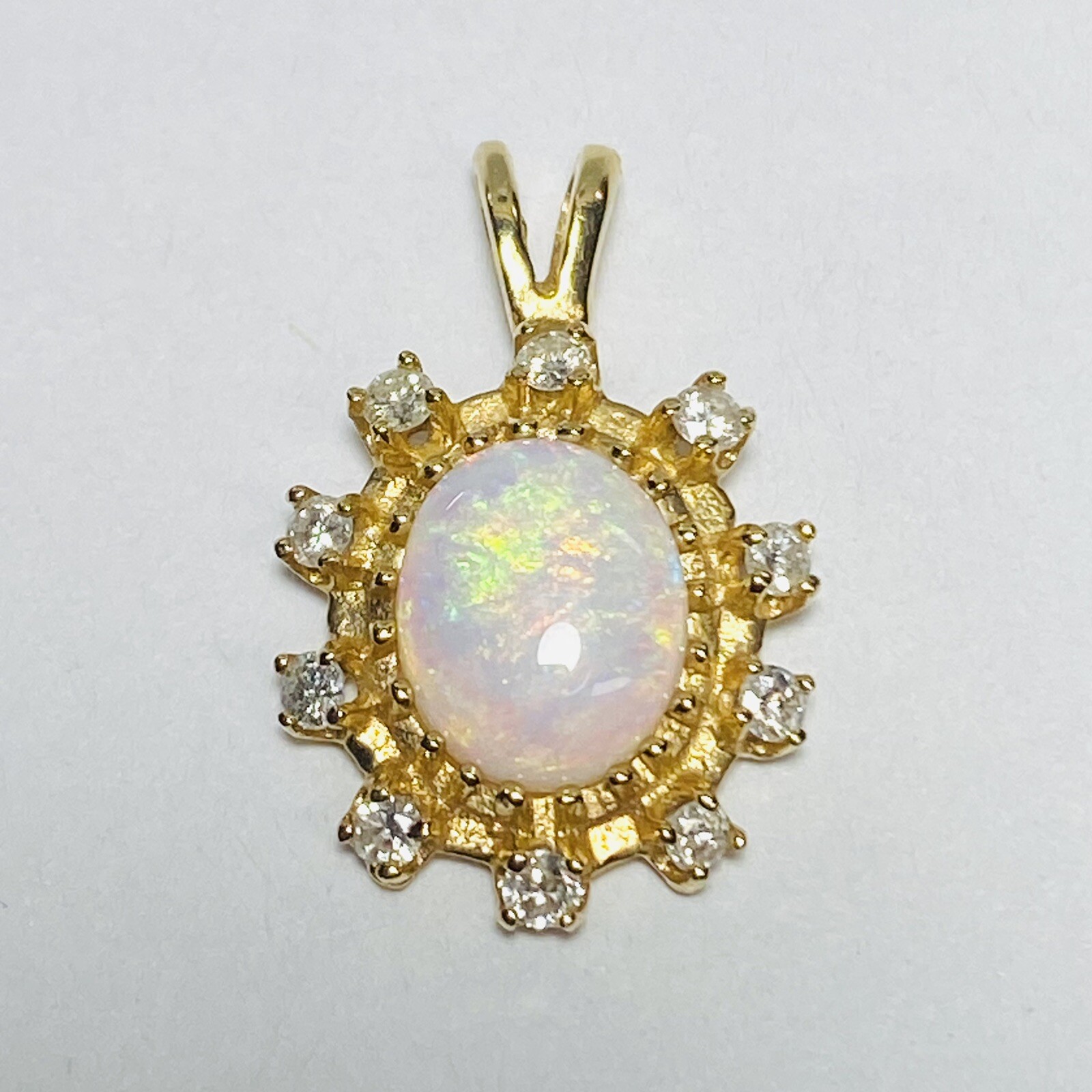 13K Yellow Gold Cabochon White Opal 0.30ctw Diamond Halo 24mm Pendant 2.5g