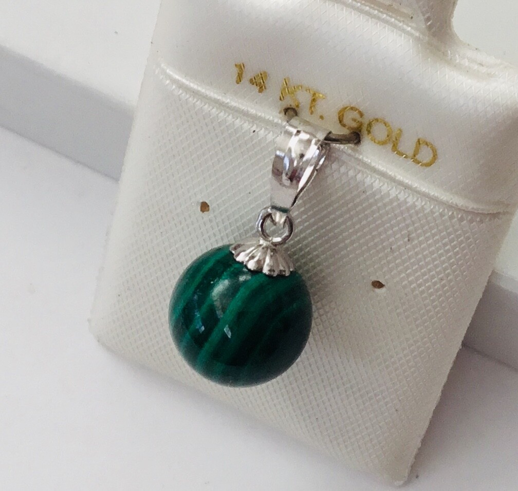 Solid 14K White / Yellow Gold Natural Green Malachite Ball Solitaire Pendant NEW