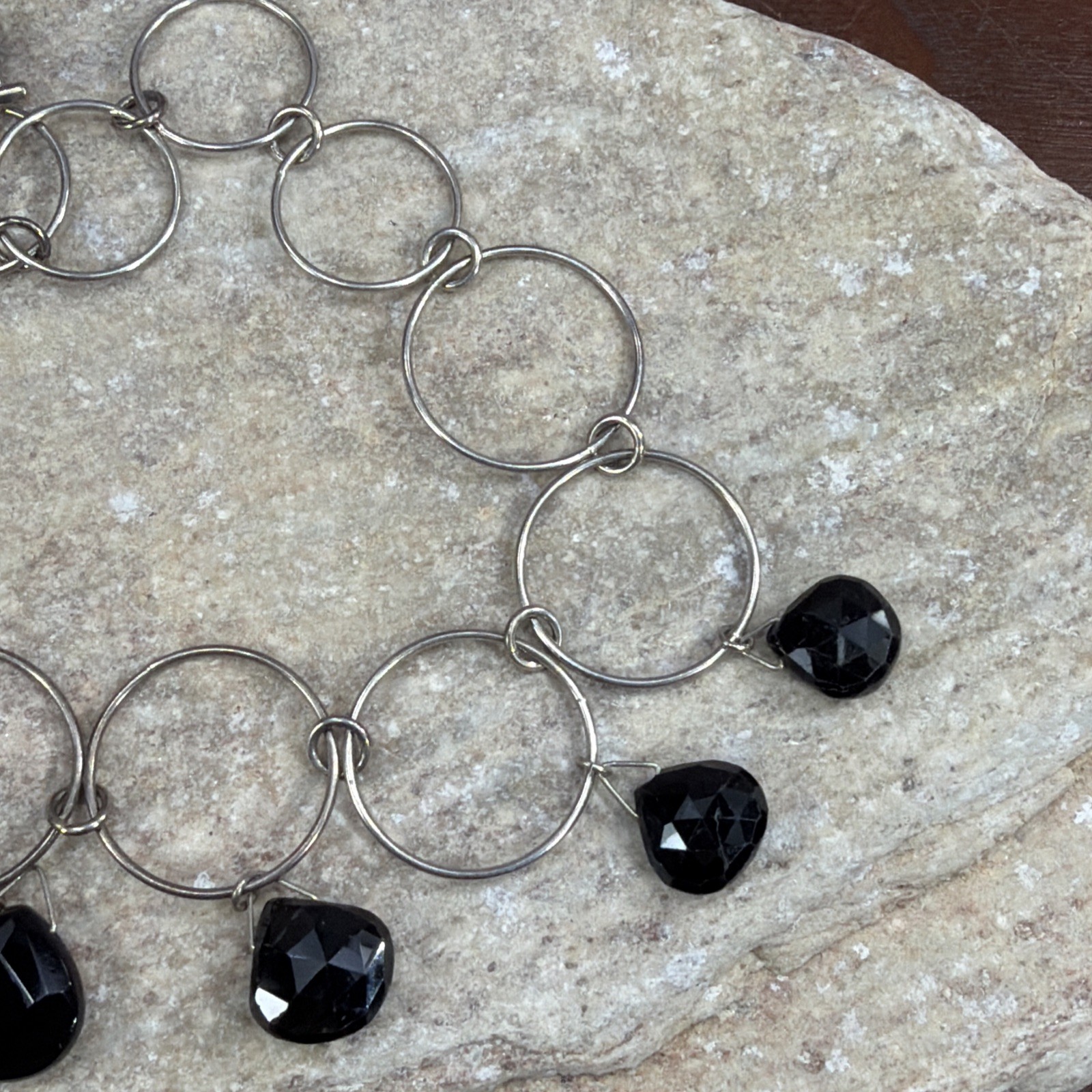 CHAN LUU Layered Necklace Silver Circle Strand Black faceted Crystal Boho 15.5″