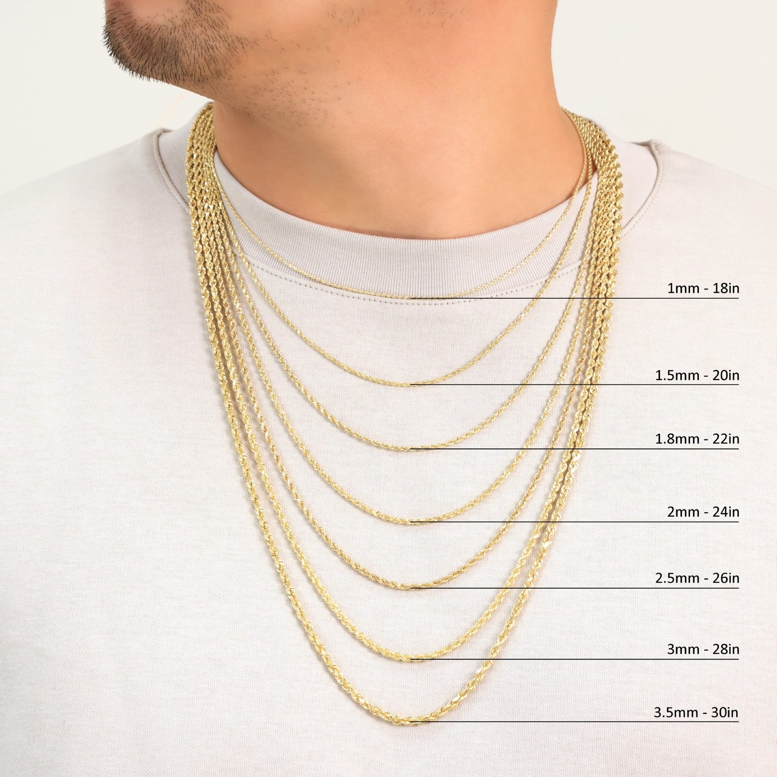 18K Yellow Gold Solid 2mm-6mm Rope Diamond Cut Chain Italian Necklace 16″- 30″