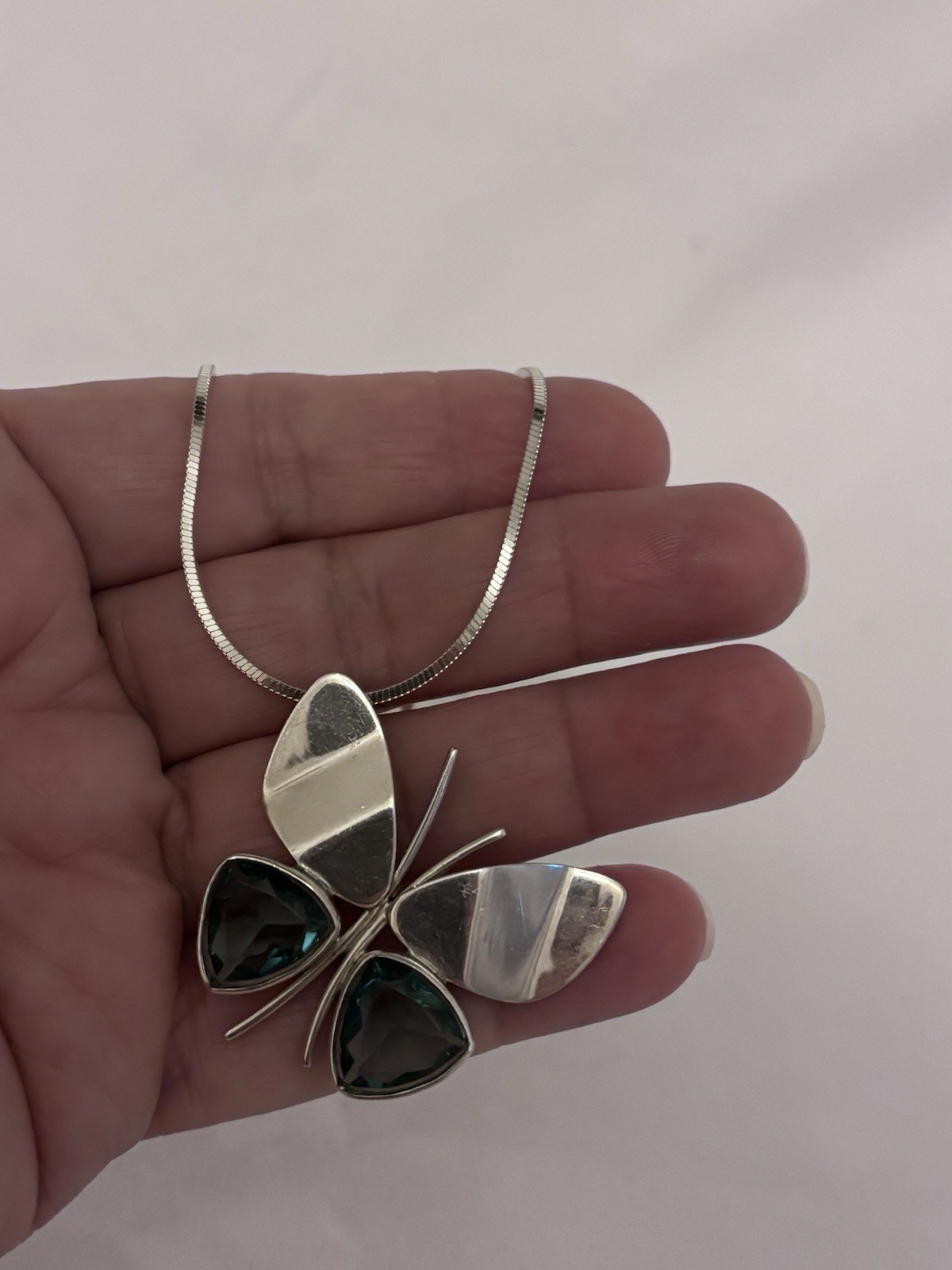 Italian Sterling Silver Butterfly Necklace With Trillion Cut Blue Topaz Stones