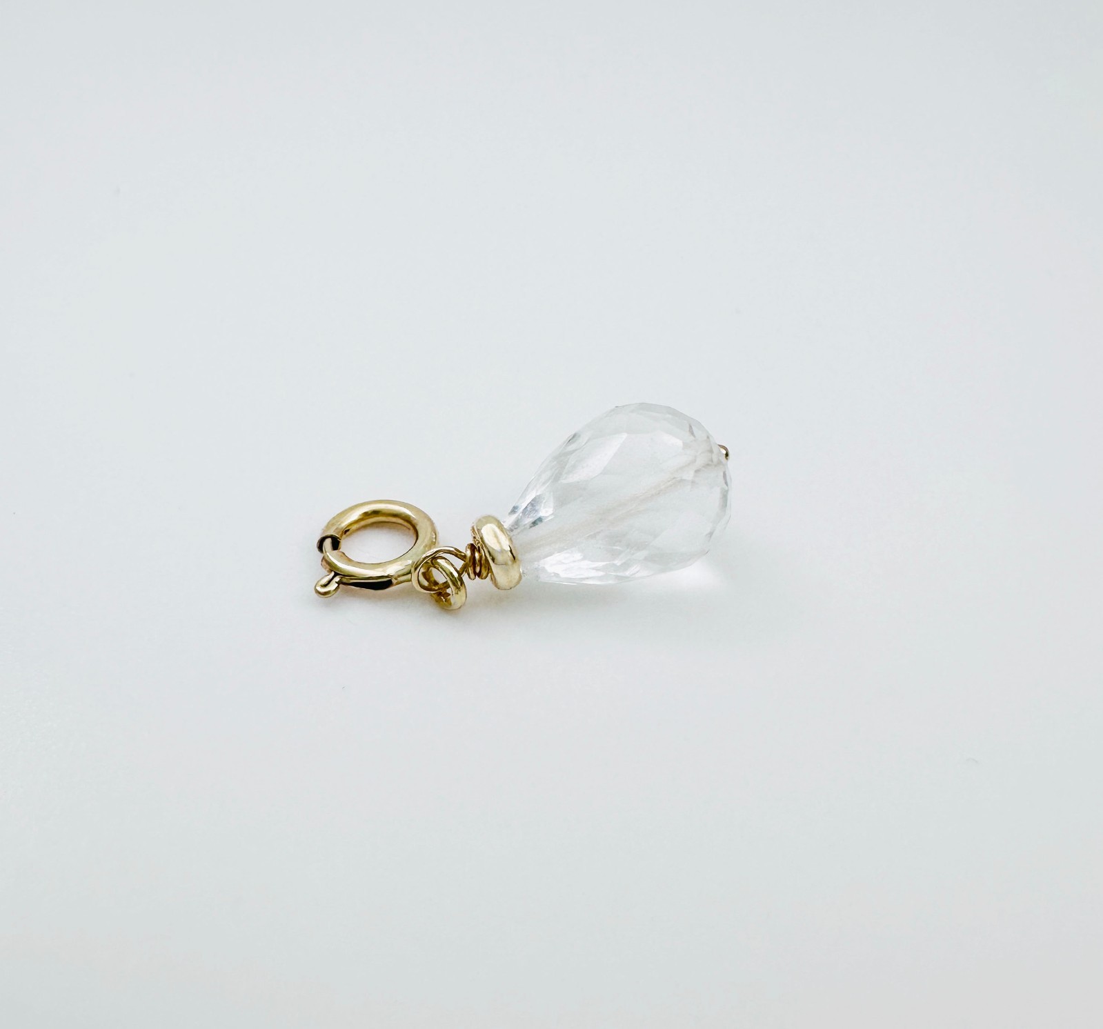 14K Solid Yellow Gold Small Clear Quartz Briolette Charm Pendant w/Spring Clasp