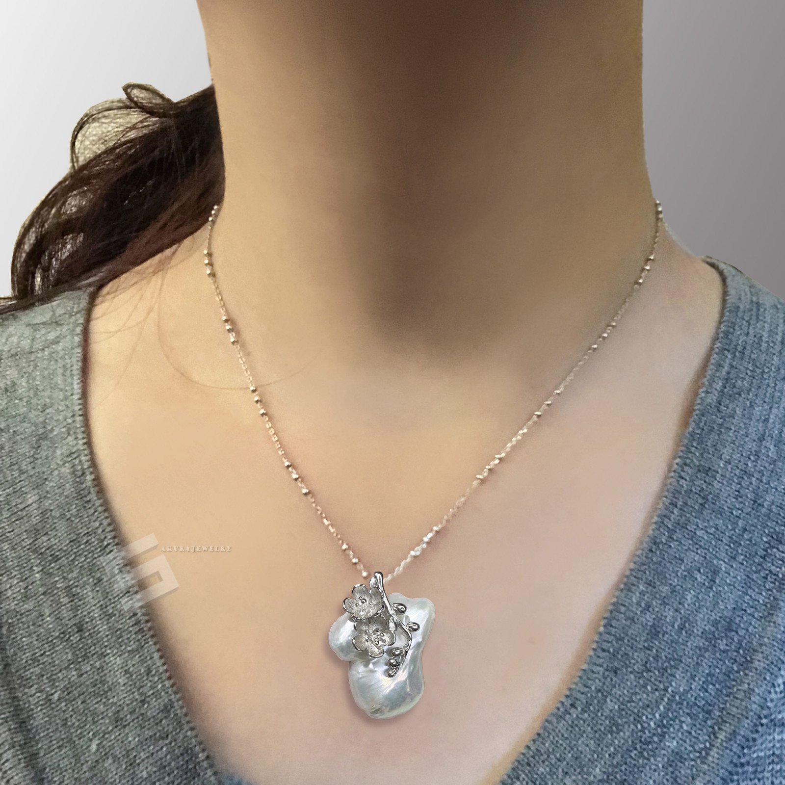 Large Freshwater Souffle Pearl In Sterling Silver Pendant Necklace
