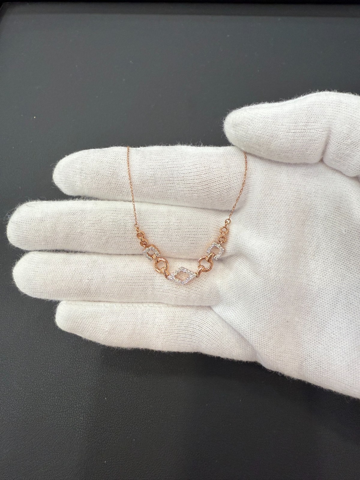 0.20 ctw Diamond Necklace 14K Rose Gold Geometric Open Shape Singapore Chain
