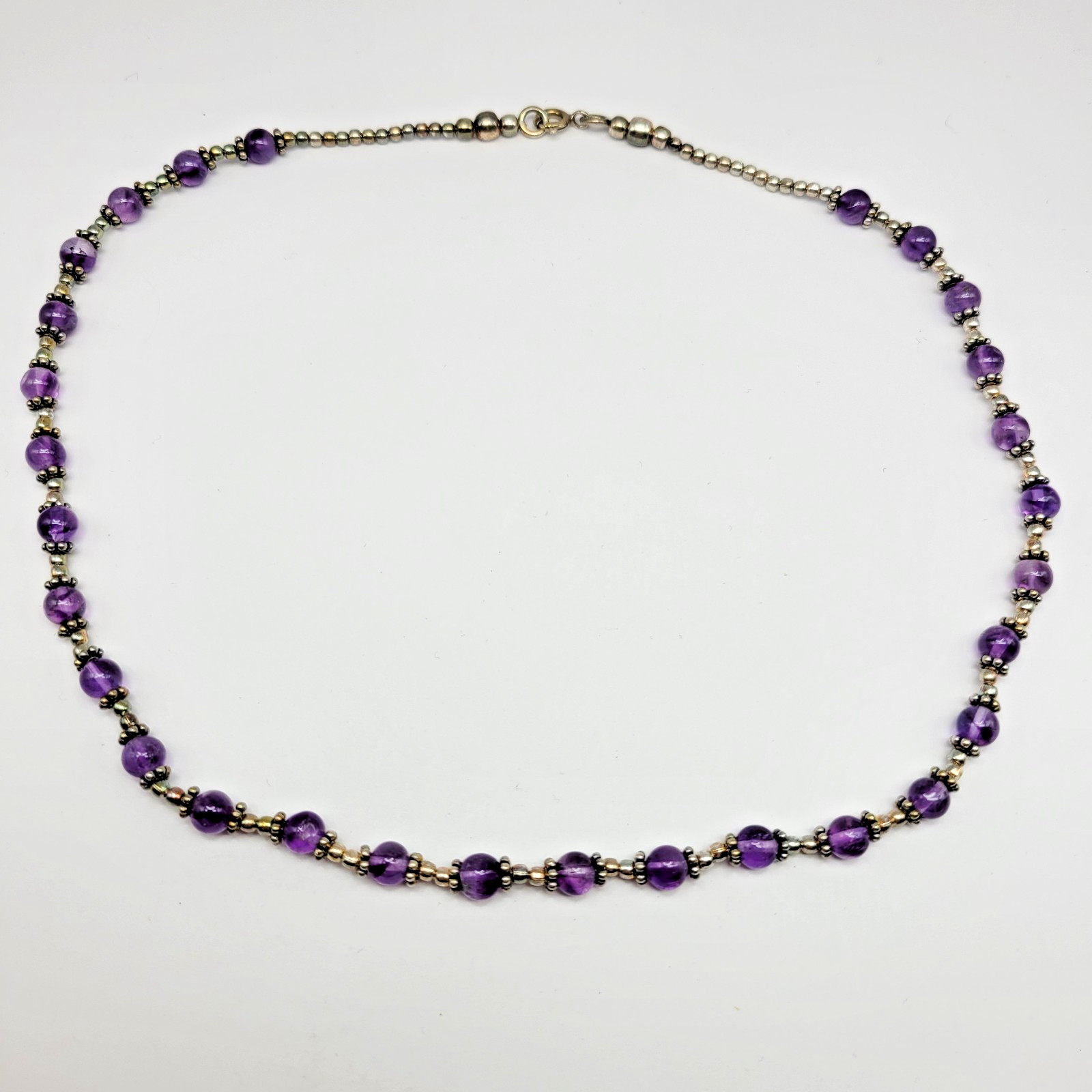 Sterling Silver 5mm Amethyst Bead Bali Station Necklace ~ 16″