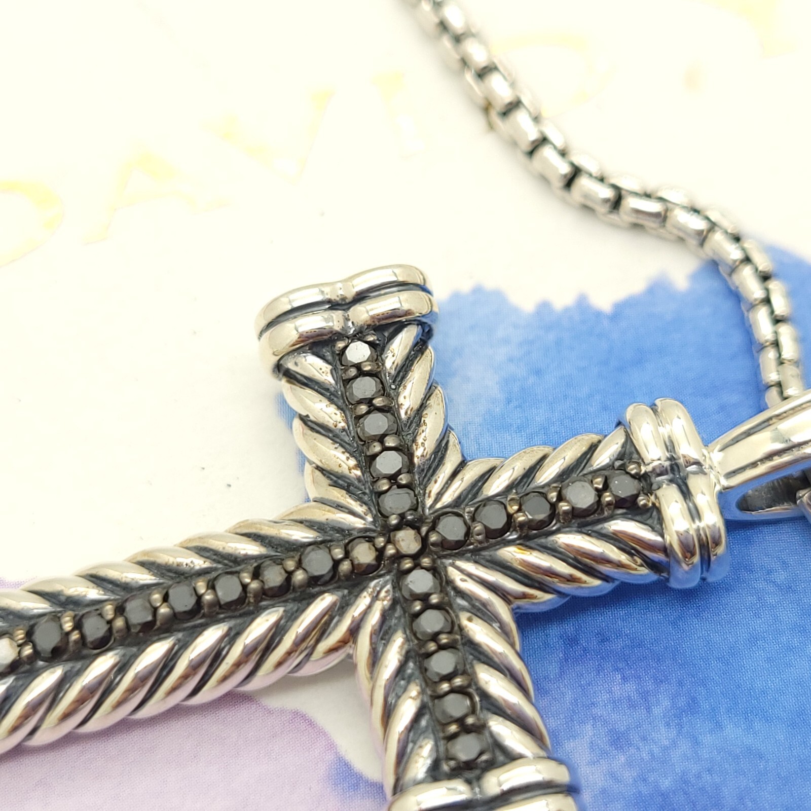 David Yurman Sterling Silver Black Diamond Large Chevron Cross with 20 in Chain
