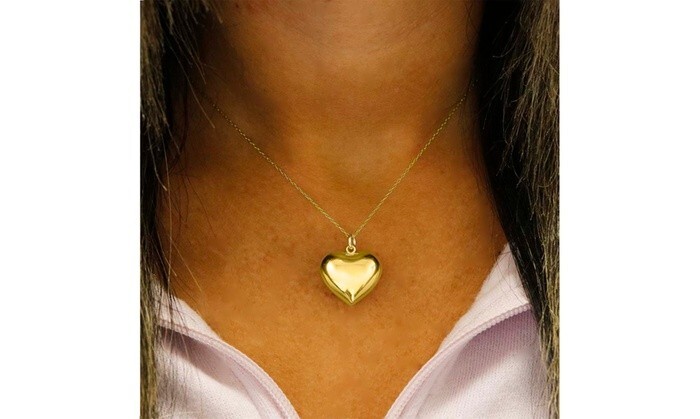 925 Solid Sterling Silver Gold Puffed Heart Pendant Necklace Made In Italy -18″