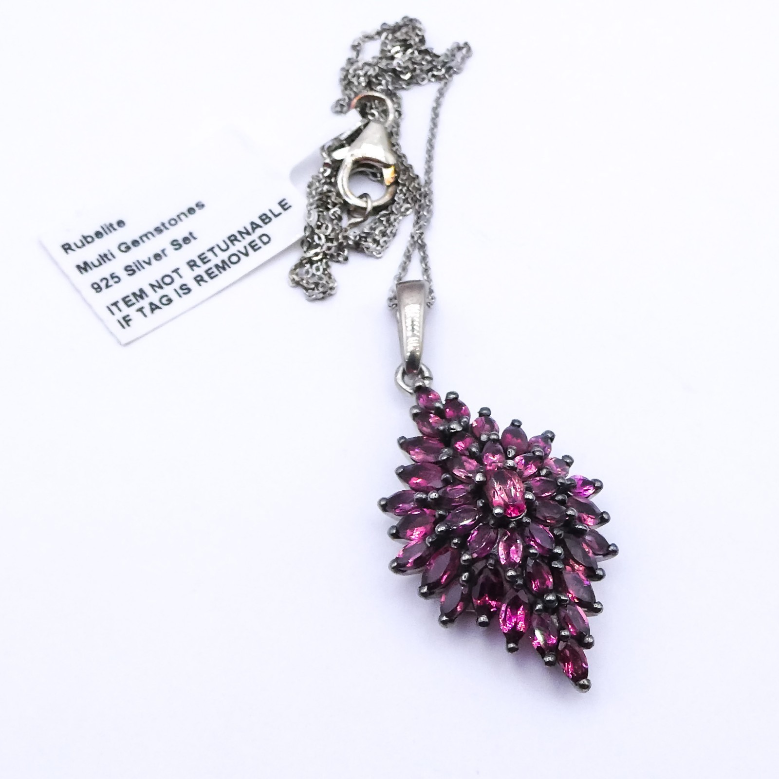 Djoy Rubelite Cluster Platinum Sterling Silver 20″ Pendant Chain Necklace