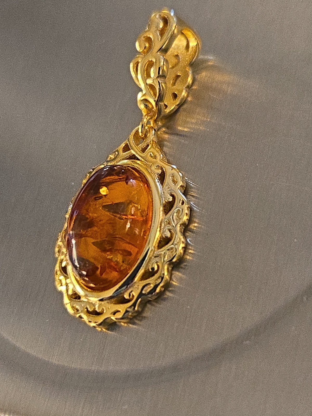Baltic Amber Stone Pendant Open Scrollwork Vermeil ( Stamp 925) Signed 3.4 Grams
