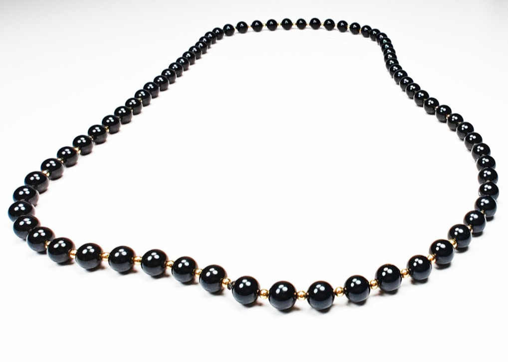 14K Yellow Gold Black Onyx Beaded Ball Necklace 29″ Long Estate 52.23g Vintage