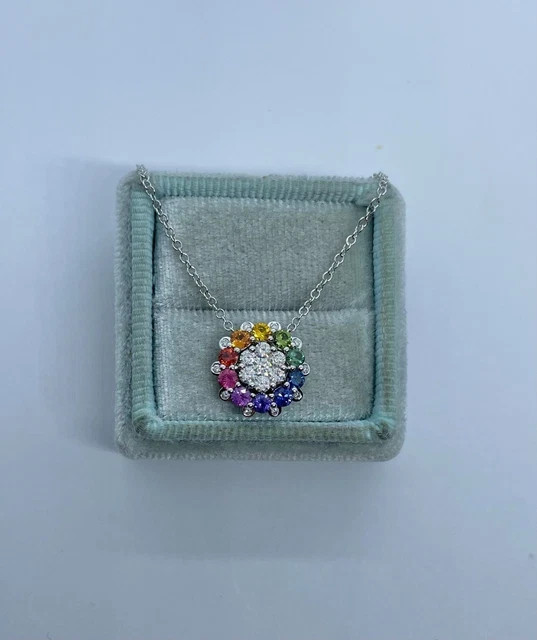 1.20Ctw Round Lab Created Multicolor Flower Pendant 14K White Gold Plated Chain