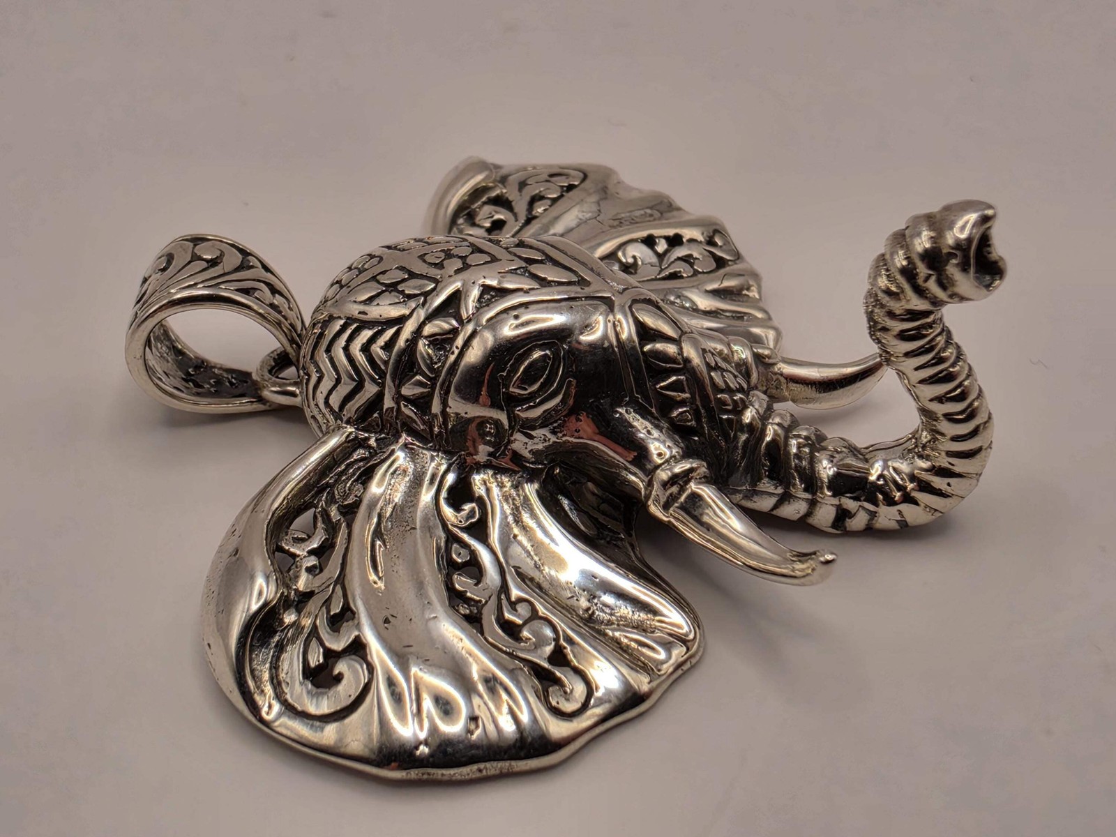 Sterling Silver Elephant Head Pendant Ornate Bali Scrollwork 1.5 Inch 9.9 Grams
