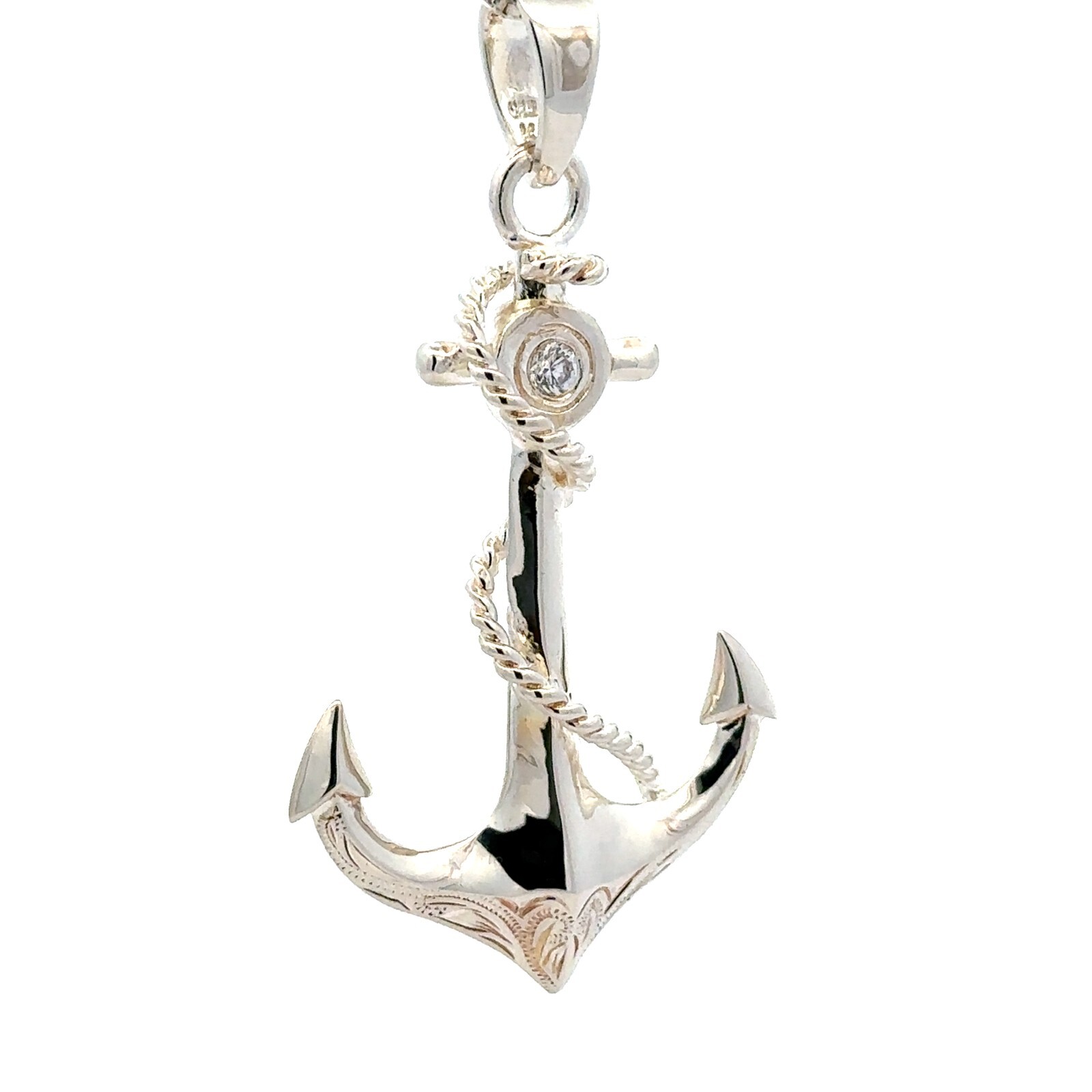 Sterling Silver Anchor Pendant -Solid- with CZ ( 2 3/8in. x 1.25in.)