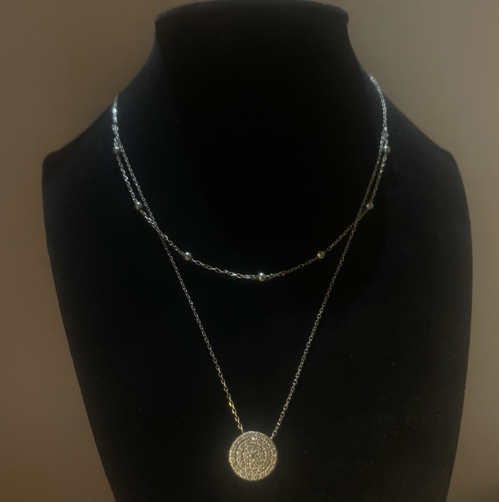 925 Sterling Silver Layered Beaded Clear Stone Pendant Necklace