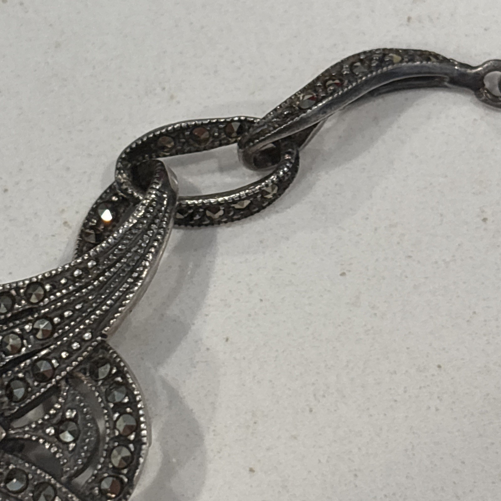 Beautiful Sterling Silver Black Onyx & Marcasite Vintage 19” Necklace