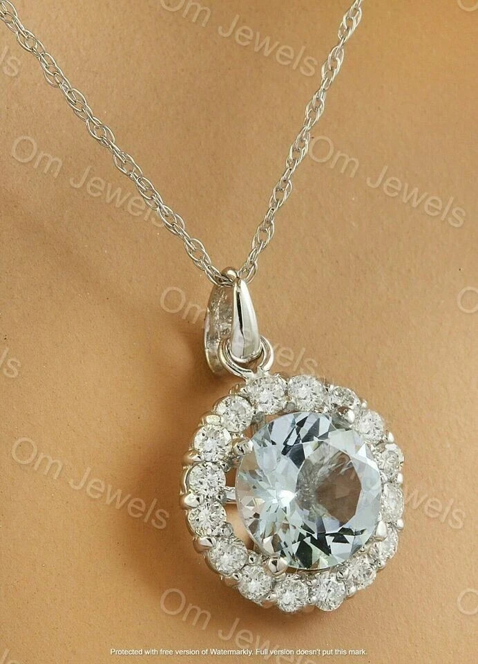 2Ct Round Cut Aquamarine Diamond Halo Pendant 14K White Gold Finish 18″ Chain
