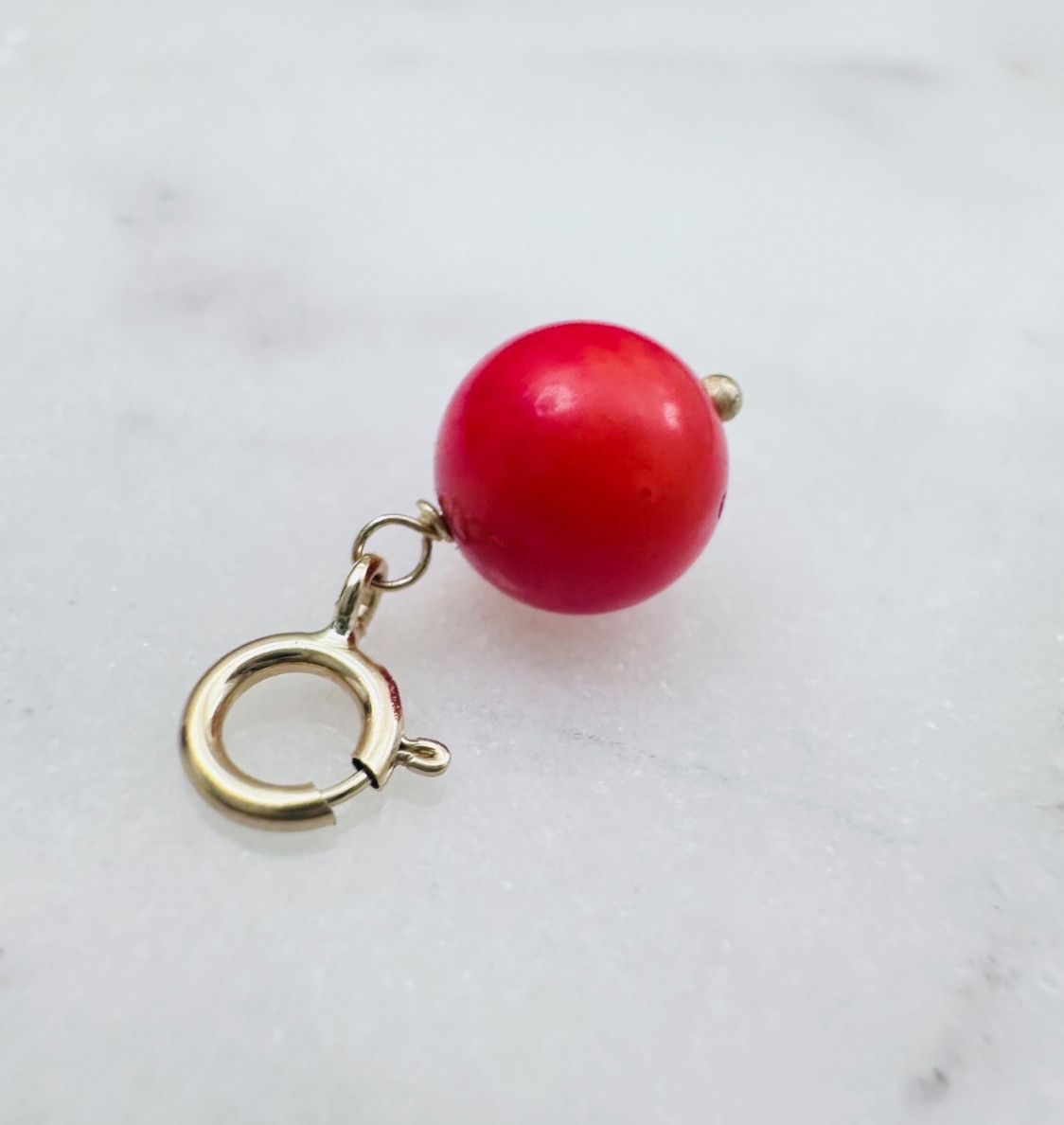 14K Solid Yellow Gold Small Round Red-Orange Coral Charm Pendant w/Spring Clasp