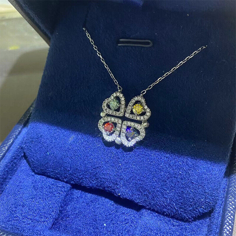 4mm D/VVS1 Moissanite Heart Clover Pendant Necklace 925 Sterling Silver 18 in
