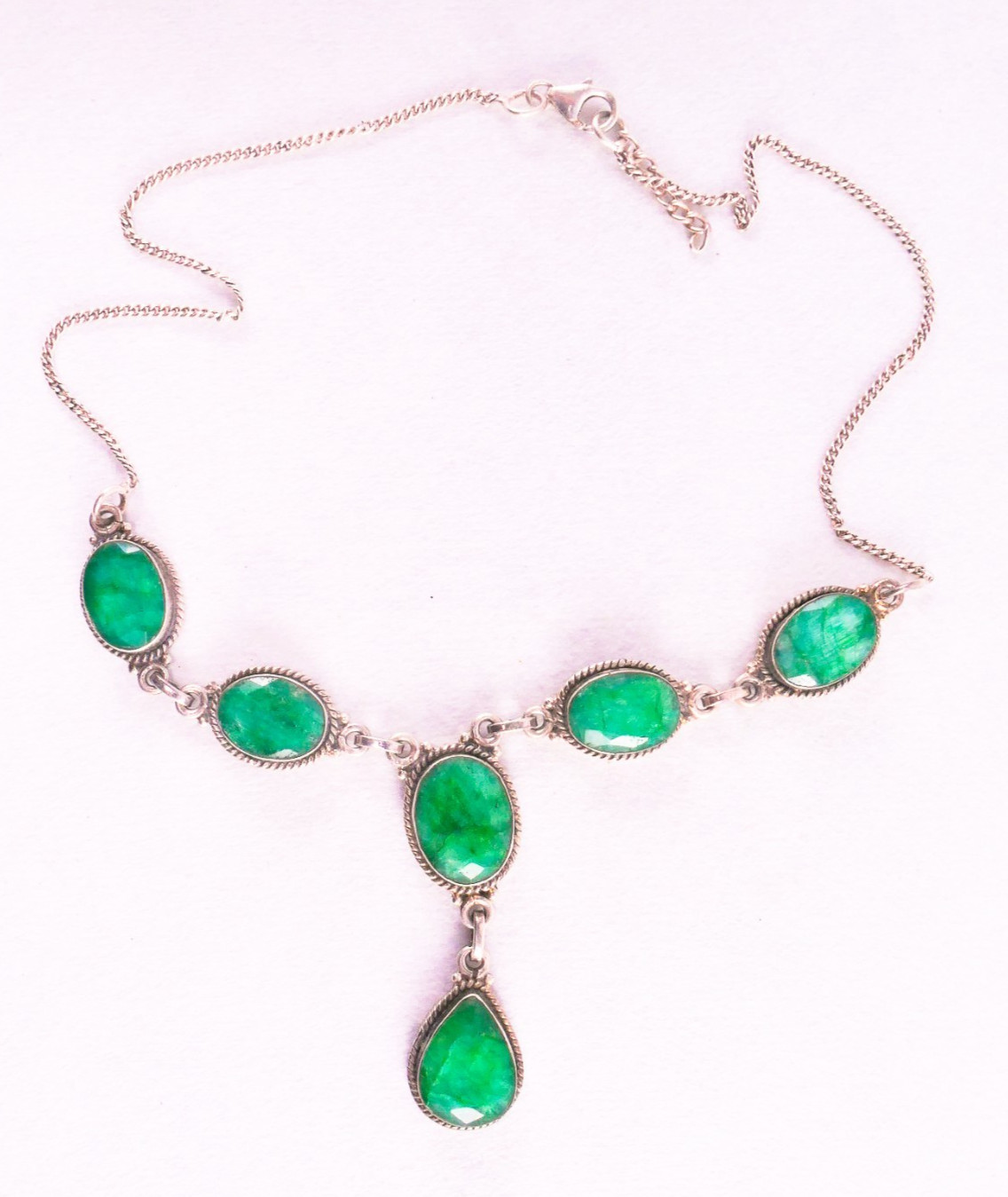 925 Sterling Silver Faceted Raw Emerald Y Drop Necklace 16-17″ 26.94 Grams
