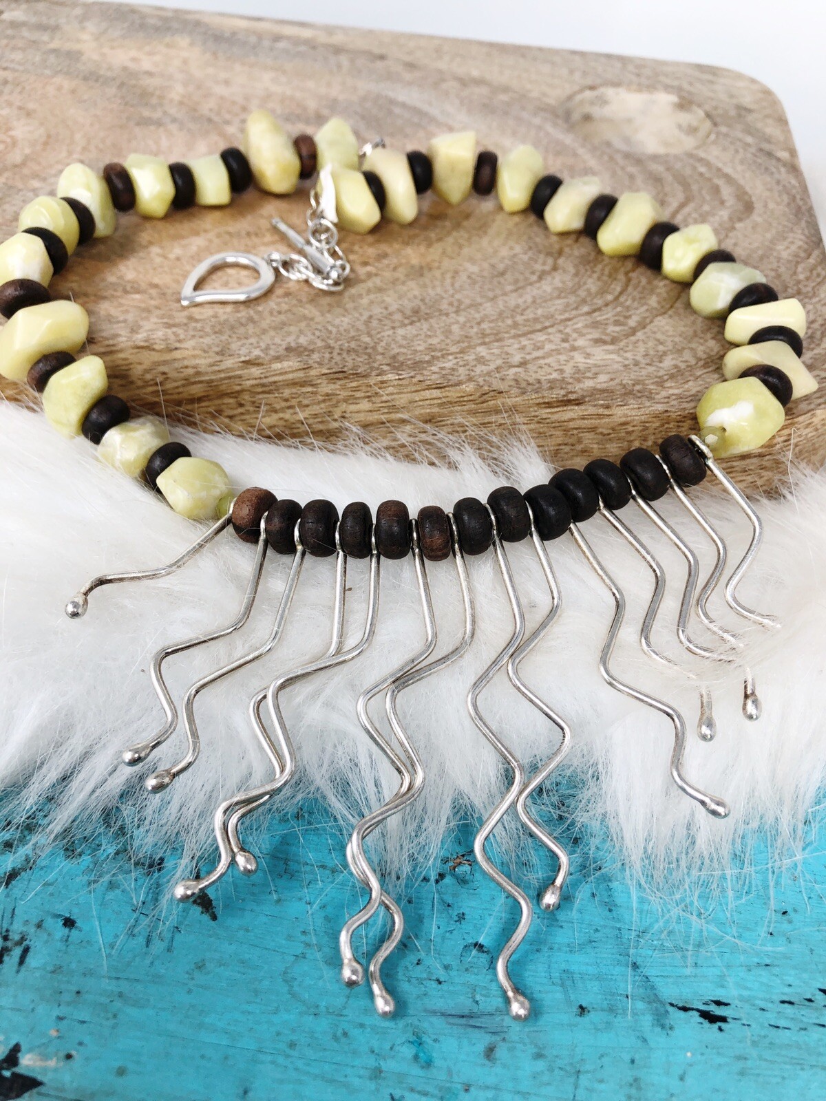 Vintage Tribal Jade Wood Wavy Sterling Silver Asymmetrical Dangles Necklace 18″
