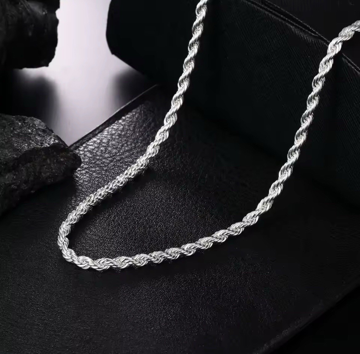 Mens Silver Rope Chain Necklace Stainless Steel Lobster Clasp 2–4mm Link