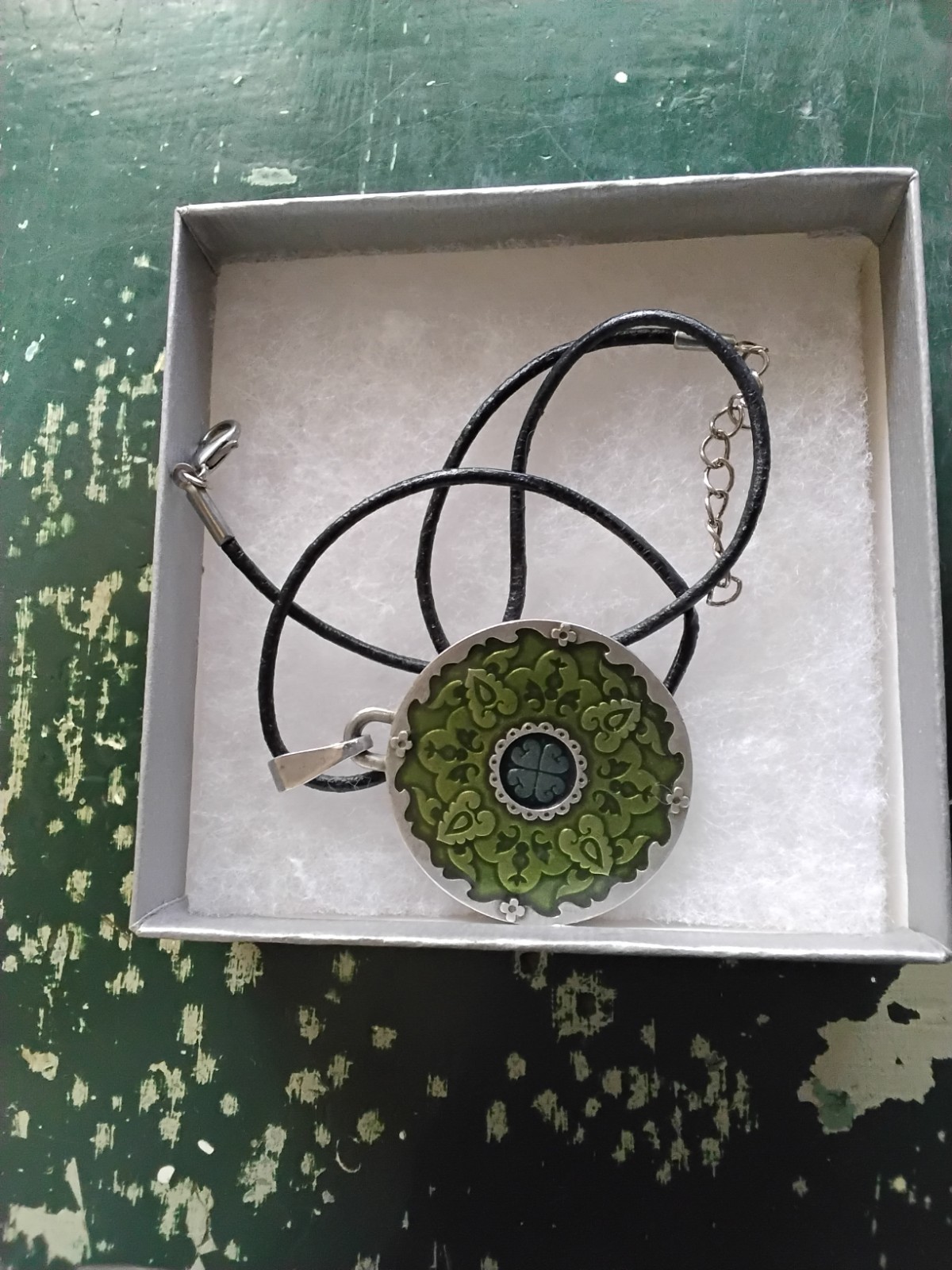 Danforth Pewter Handcrafted Medallion Pendant Green & Blue Mandala 16-17″