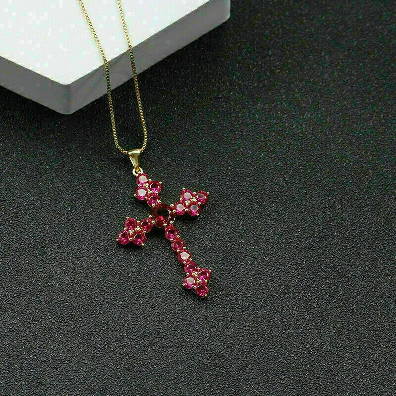1.00Ct Round Cut Red Ruby Cross Pendant 14K Yellow Gold Finish 18” Free Chain