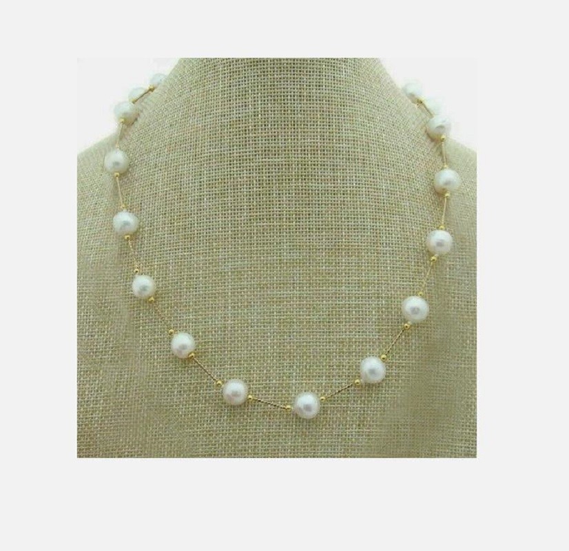 NEW AAAA ROUND 9-10MM AKOYA WHITE PEARL STATION NECKLACE 20″ 14K GOLD CLASP