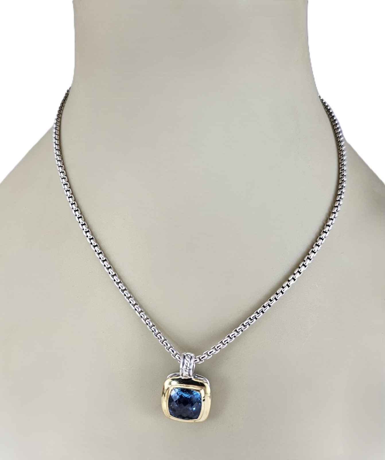 David Yurman Sterling Silver 18K Gold Blue Topaz Albion Pendant Necklace #25477