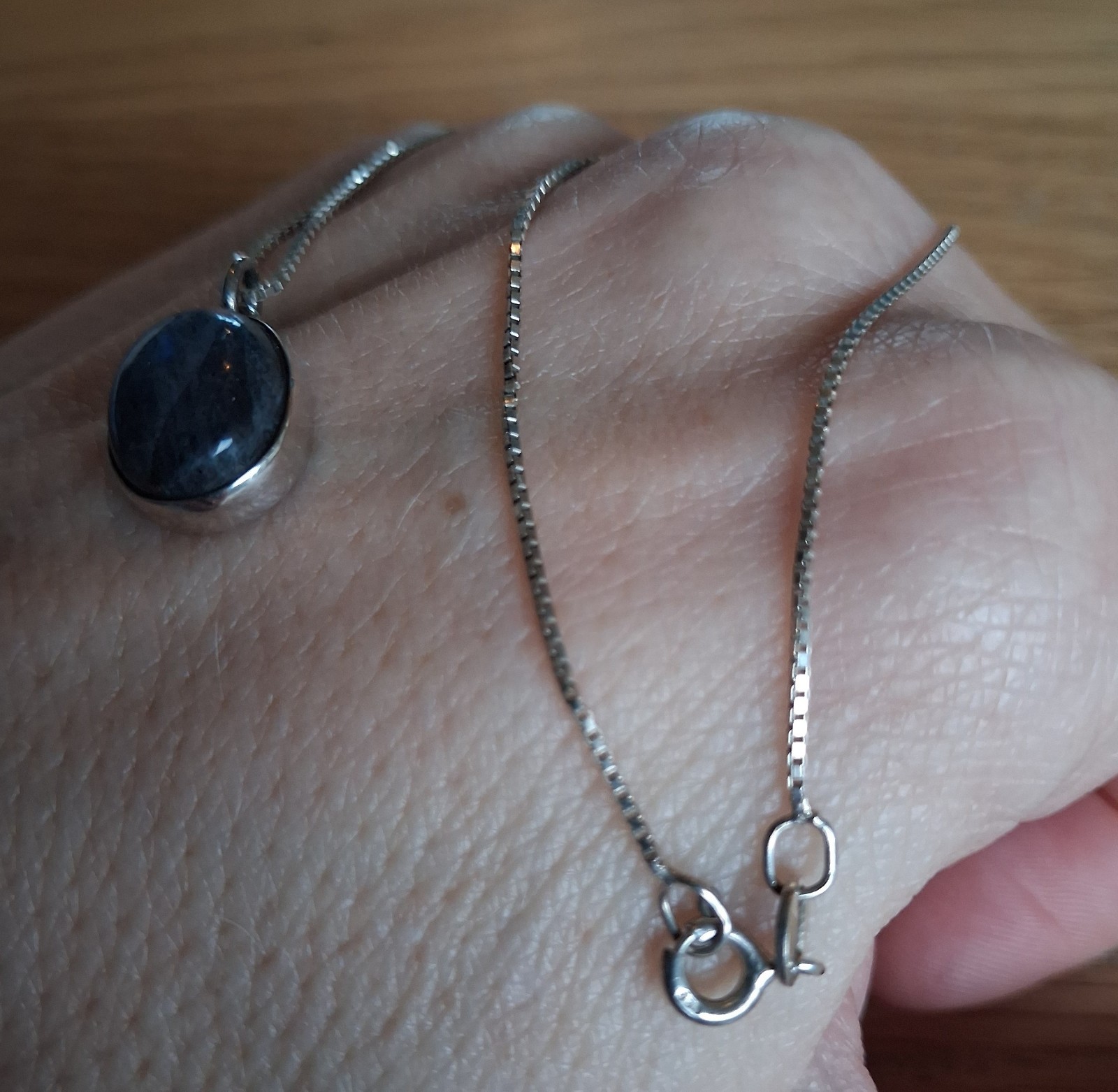 Sterling Silver Rich Blue Labradorite Cabochon Pendant Oval Box Chain Necklace