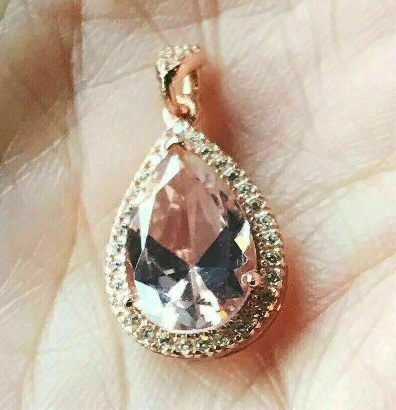 Delicated 4Ct Morganite Pear Cut Diamond Women’s Halo Pendant 14K Rose Gold Over
