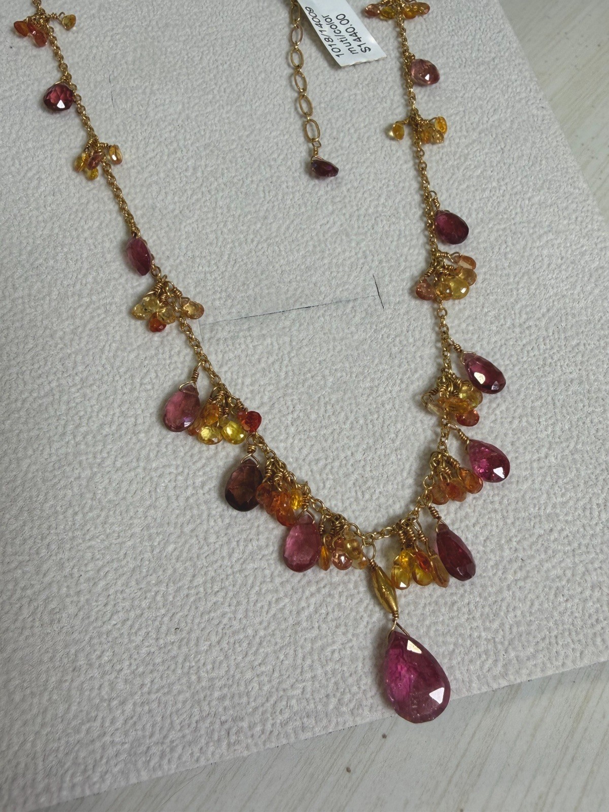 18kt Solid Yellow Gold Multi-Gemstone Fringe Briolette Tourmaline Necklace, 11 g