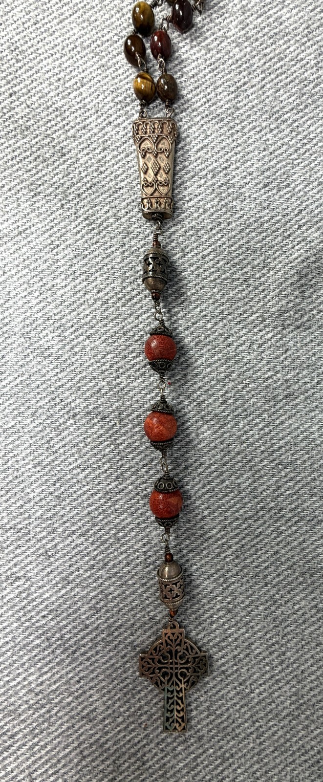 James Avery Retired Openwork Celtic Cross Tiger Eye Coral Bead Necklace 925