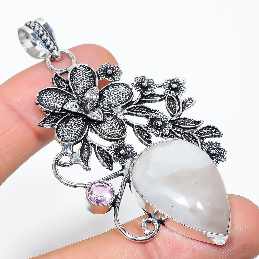 Rainbow Moonstone, Kunzite 925 Sterling Silver Gemstone Pendant 2.92″ NS 23963