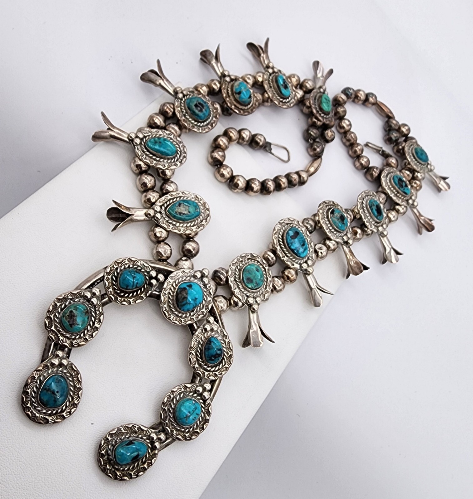 Sterling Silver 925 Navajo Calvin Desson Sleeping Beauty Squash Blossom Ag 24249