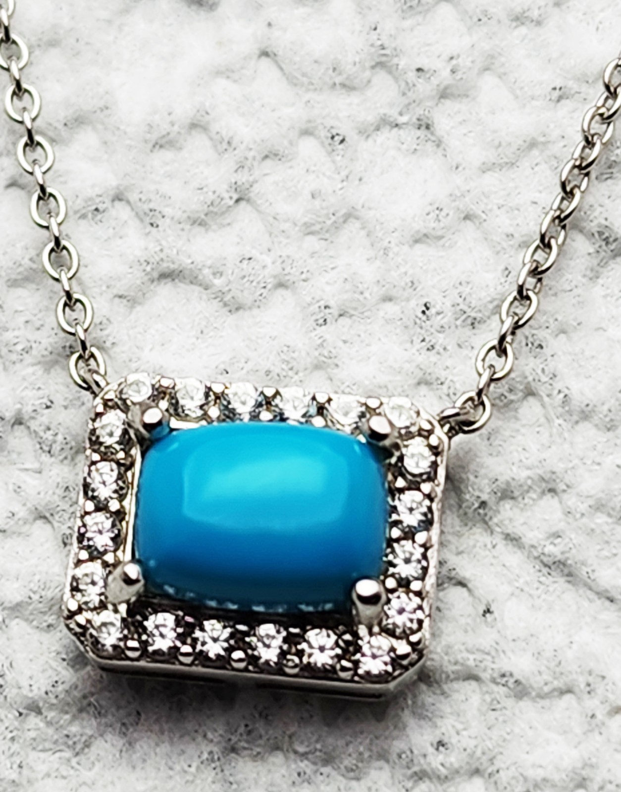 Wonderful Sterling Silver Turquoise Clear Stone Rectangle MLD 18” Necklace