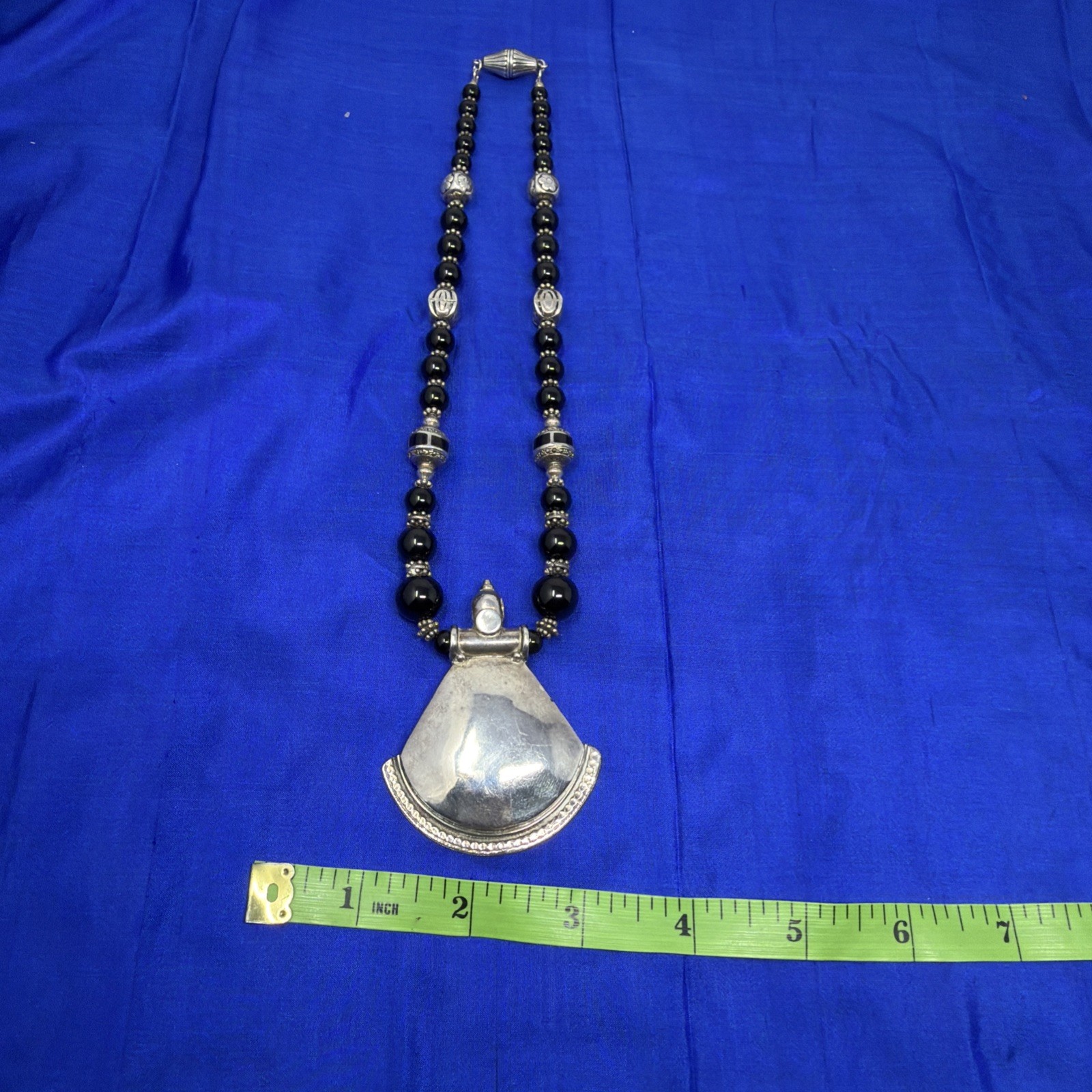 Sterling Silver 925 Black Onyx Beaded Bali Bead Necklace Large Pendant 17” 82.3g