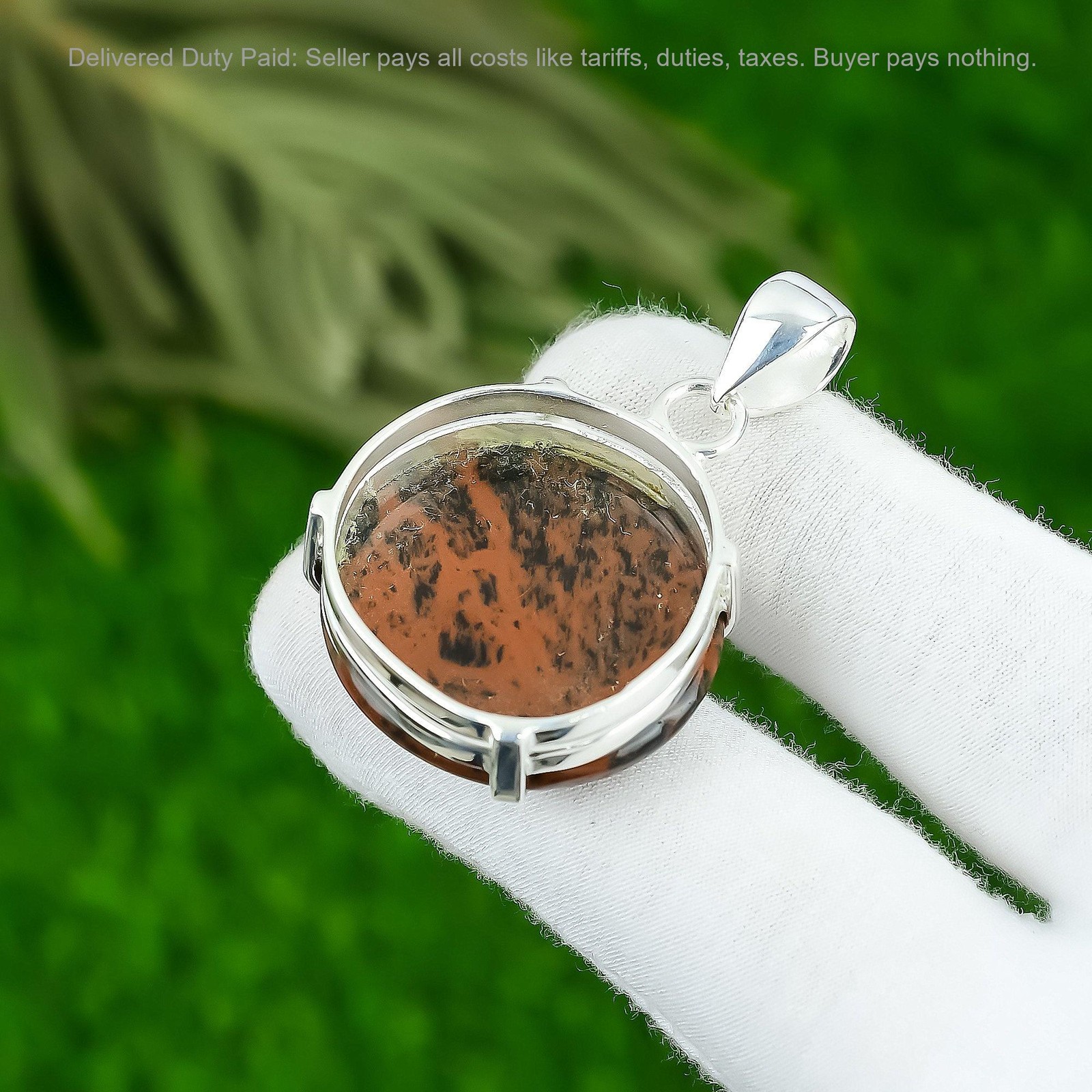 Sterling Silver Round Mahogany Obsidian Stone Anniversary Birthday Bezel Pendant
