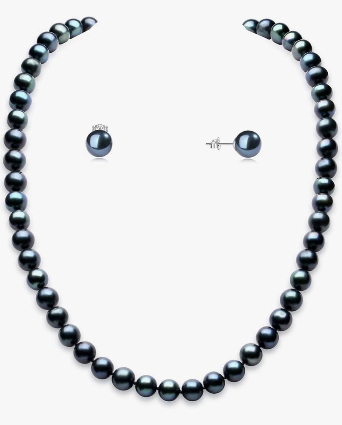 Natural 7.5 mm Black Tahitian Pearl Necklace Matching Studs 925 Silver 16” AAAA