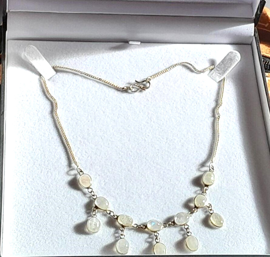 ANTIQUE 1910 STERLING SHEPHERD’S HOOK CEYLON MOON STONE NECKLACE HUES OF BLUE