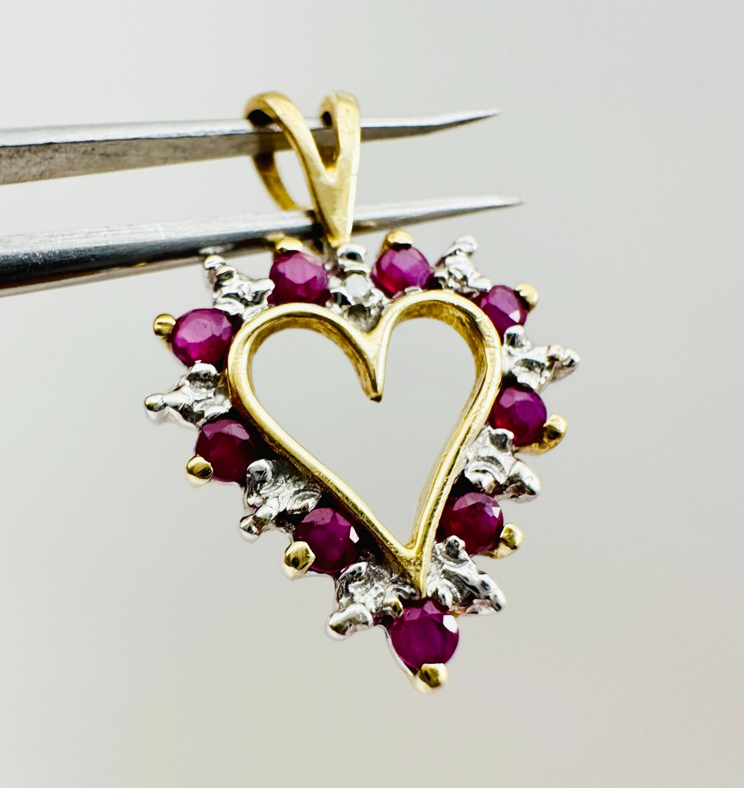 Estate 10K Multi-Tone Gold Ruby w/Diamond Accent Small Heart Pendant 19x13mm