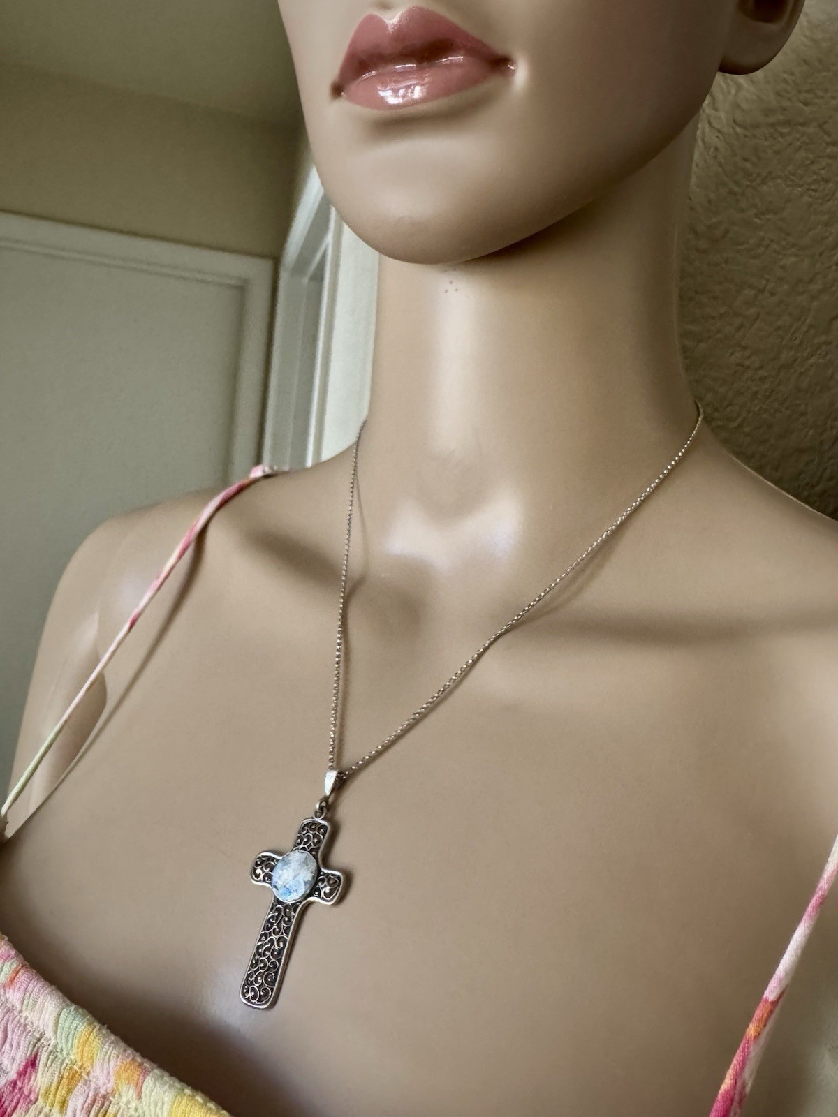 Sterling Silver 925 PZ Isreal Cross Pendant Chain Necklace 18” 925 Multi Color