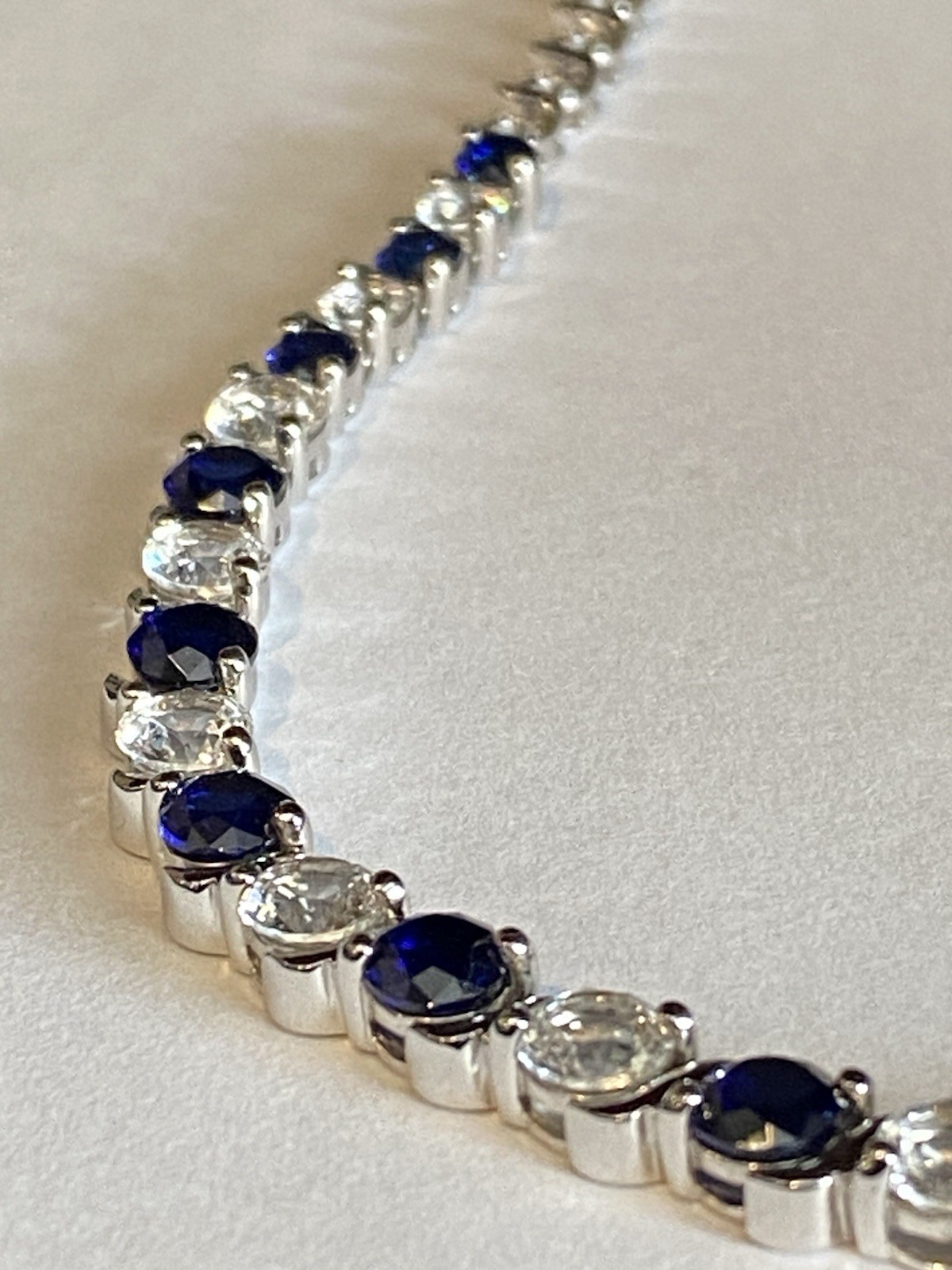 925 Sterling Silver Lab Created Blue & White Sapphire Tennis Necklace Signed EMA
