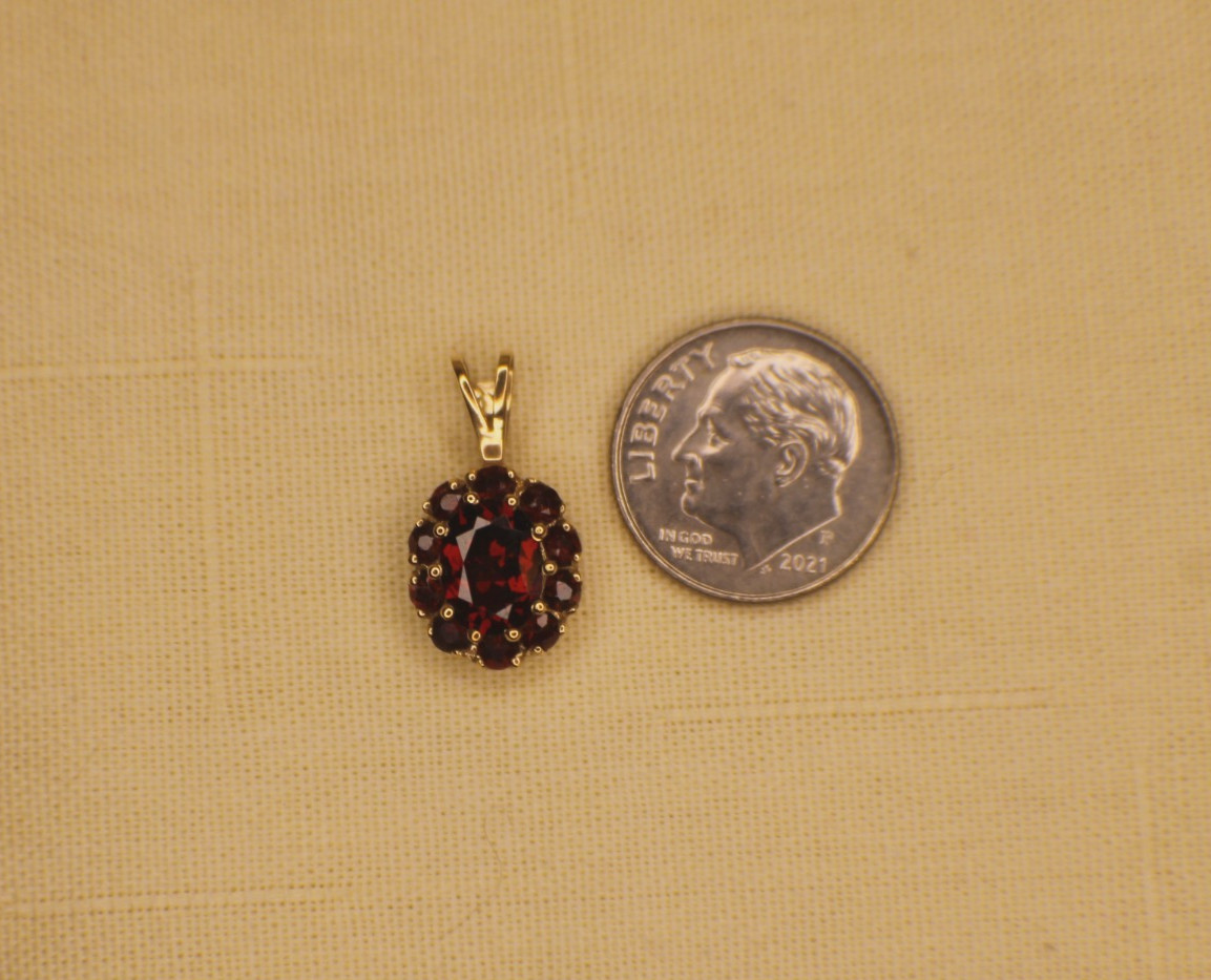 Solid 14K Yellow Gold Oval cut Red Garnet Cluster January Birthstone Pendant