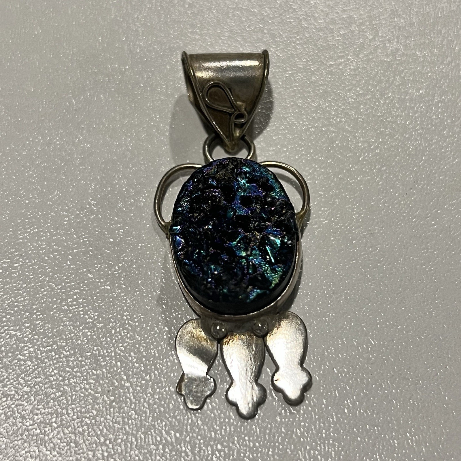 Vintage Sterling 925 Artisan Handcrafted Blue Purple Druzy Quartz Pendant