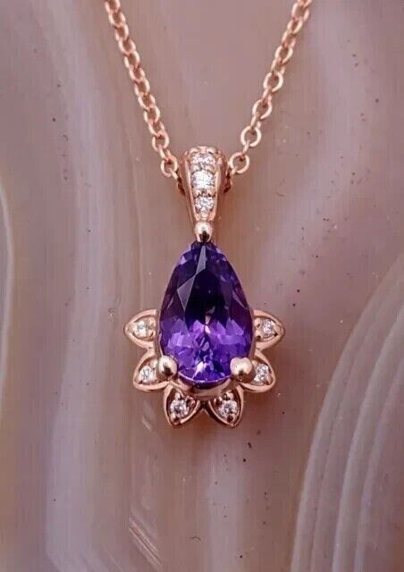 2.10Ct Pear Cut Simulated Amethyst Halo Pendant 14k Rose Gold Plated Free Chain