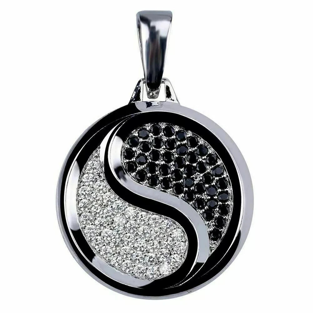 14k White Gold Finish 1Ct Round Black & White Diamond Cluster Charm Pendant