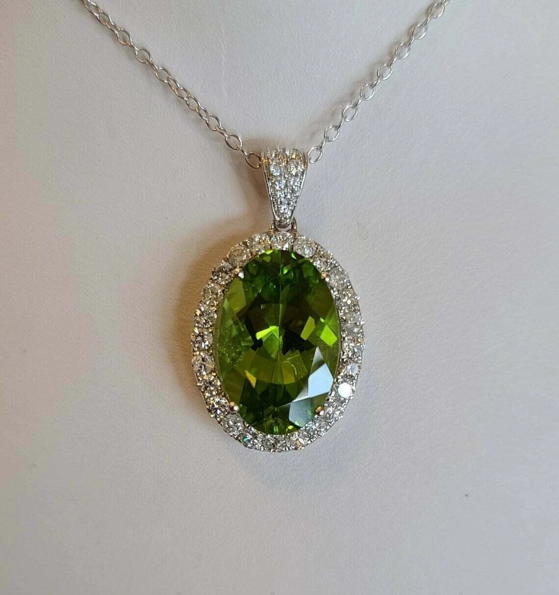 4Ct Oval lab created Peridot Diamond Halo Pendant White Gold Finish Free Chain