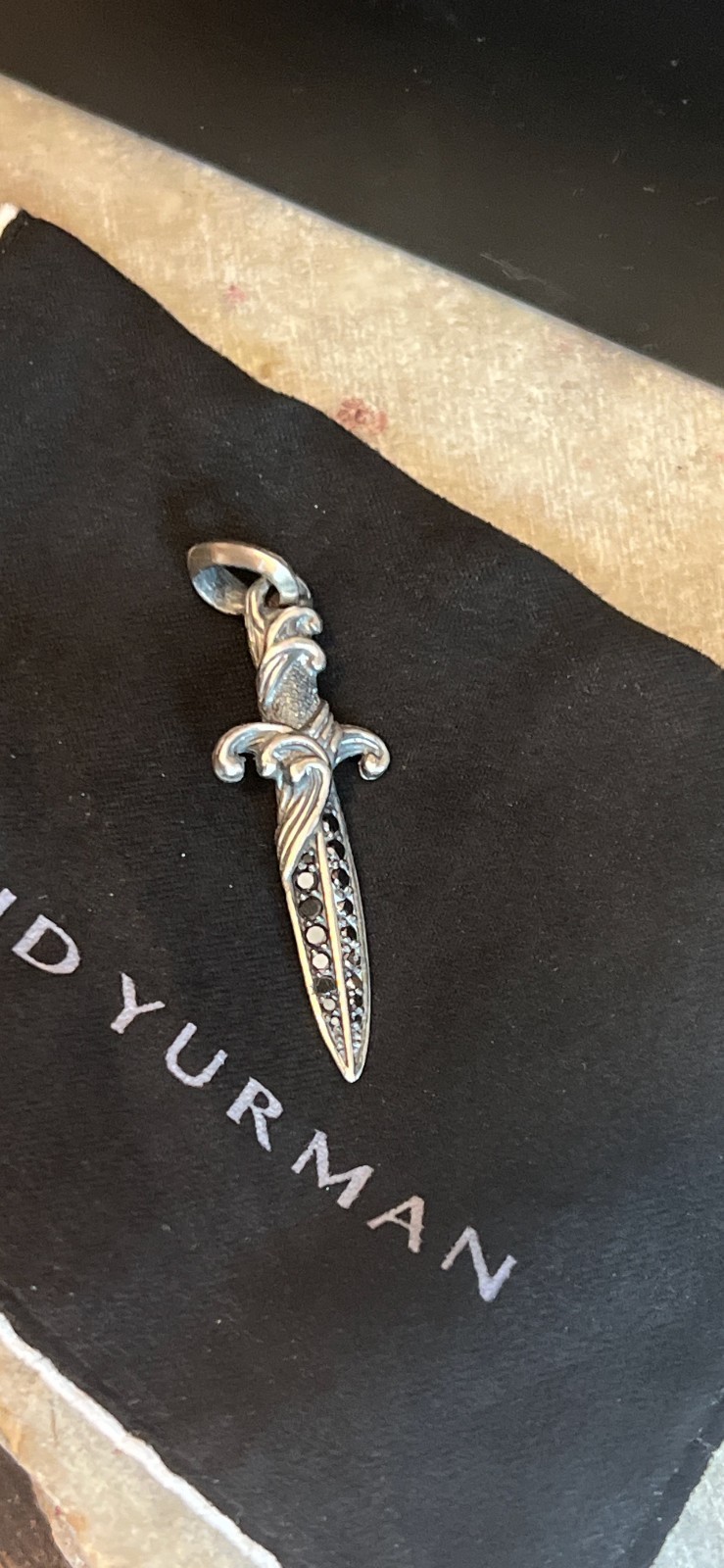 David Yurman Sterling Silver 925 Waves Dagger Amulet Pendant 2ct Black Diamonds