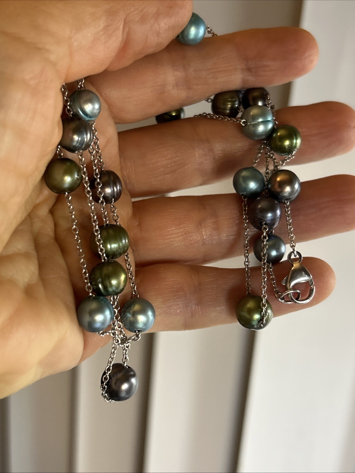 32. HONORA Sterling 925 Peacock Green Blue Pearl Station Necklace 36″, 26.7g
